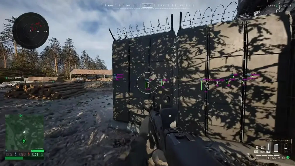 Rifle aimed at a barbed-wire wall, with player markers through it and a circular radar.