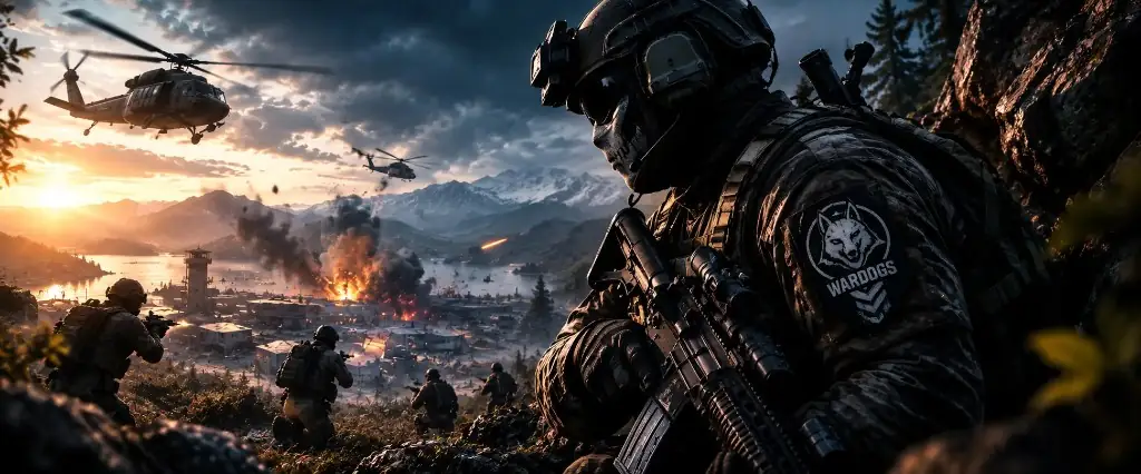 Soldier with a rifle on a ridge at sunset, helicopters above a burning valley.