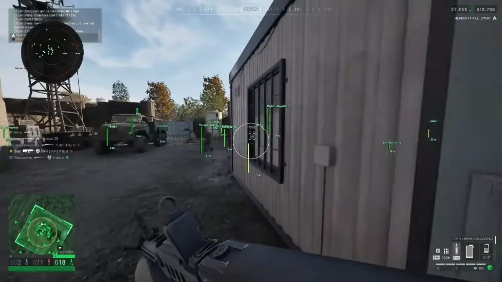 Metal building and trucks, with green lines and player labels.